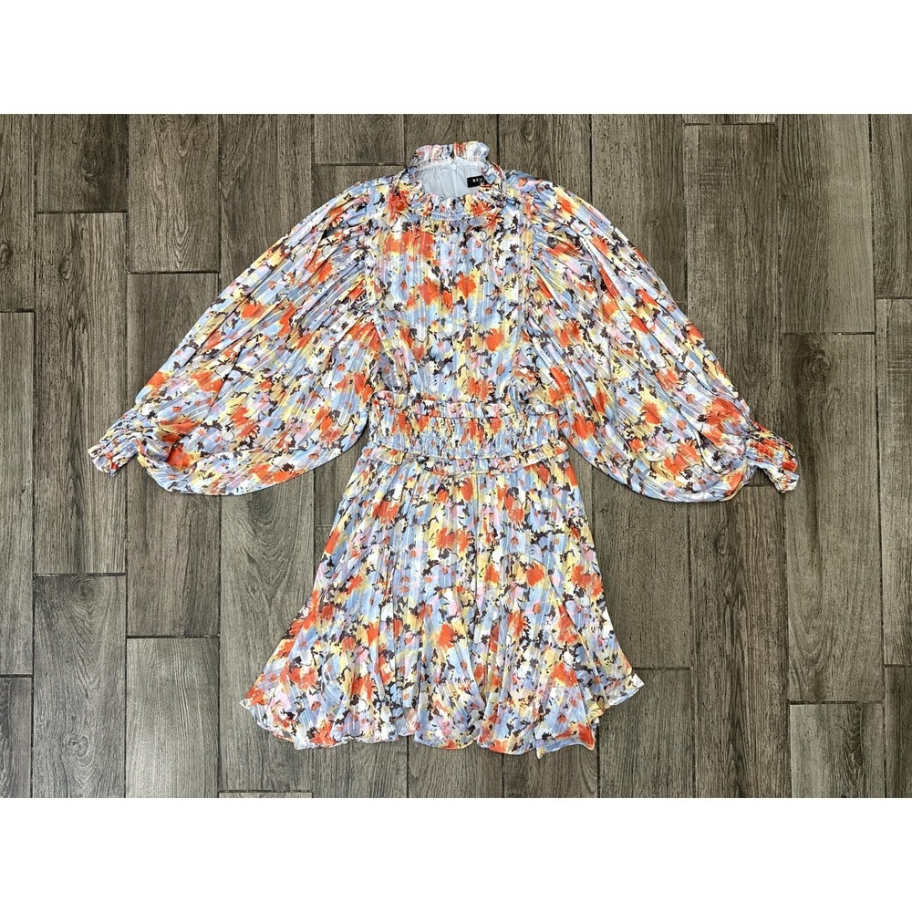 Beulah Style Dress Womens Medium Multicolor Pleated Long Sleeve Floral Mini Boho